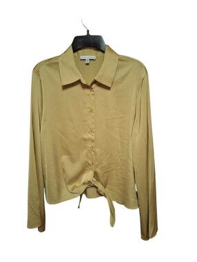 Maison d'Amelie Chartreuse Button Up Silky Blouse Tie Accent Lady Medium Preppy